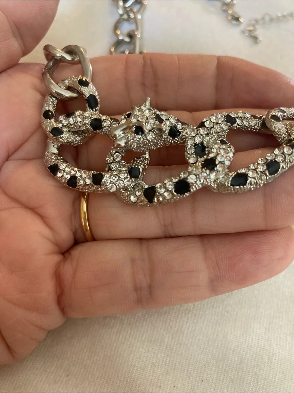 Panther Animal Big Cat Silver Tone Necklace Clear & Black Stones